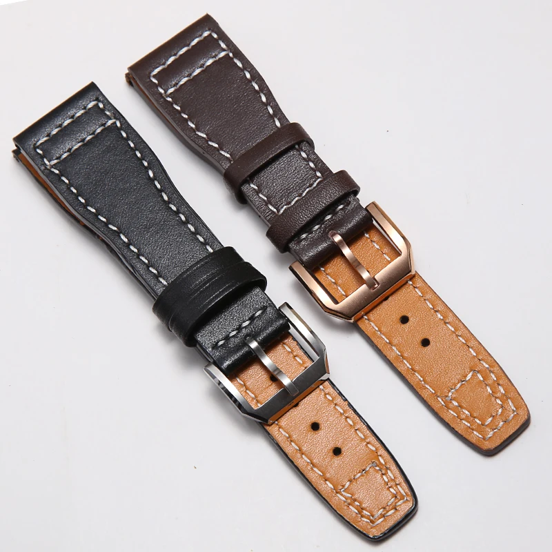 

High Quality 20 21 22mm Black Dark Brown Flat Texture Genuine Leather Watchband For IWC Pin Buckle Strap