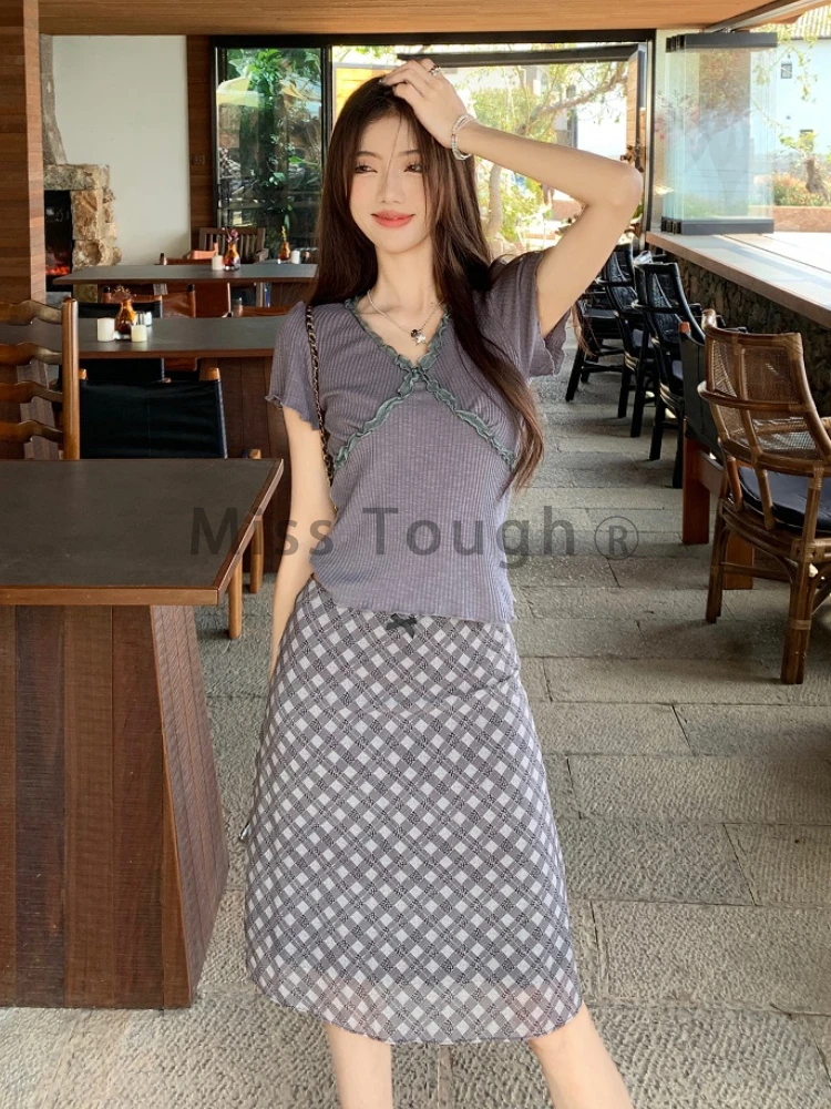 Женский клетчатый костюм из 2 предметов серый винтажный с завышенной талией и