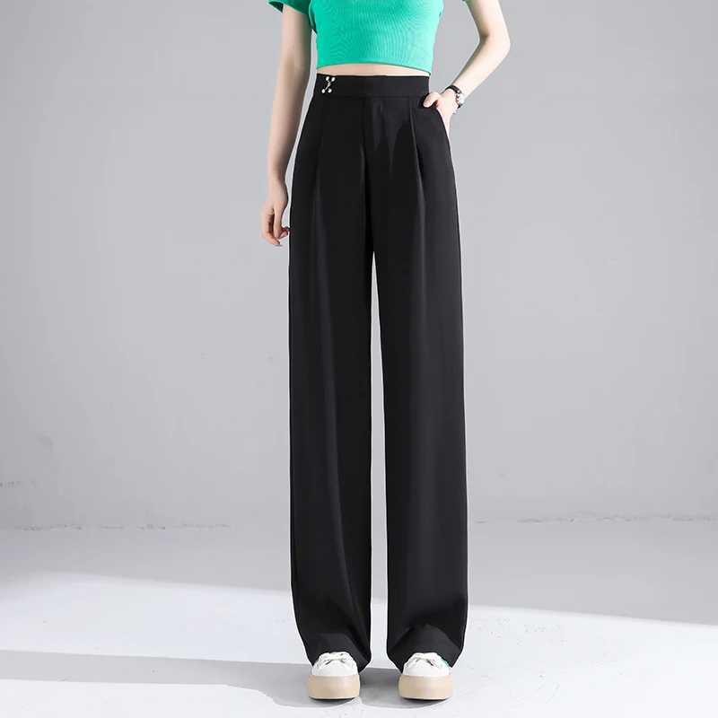 

New Black Fashion Office Suit Wide Leg Pants Women's Summer Thin High Waist Hanging Loose Elegant Straight Casual Pants