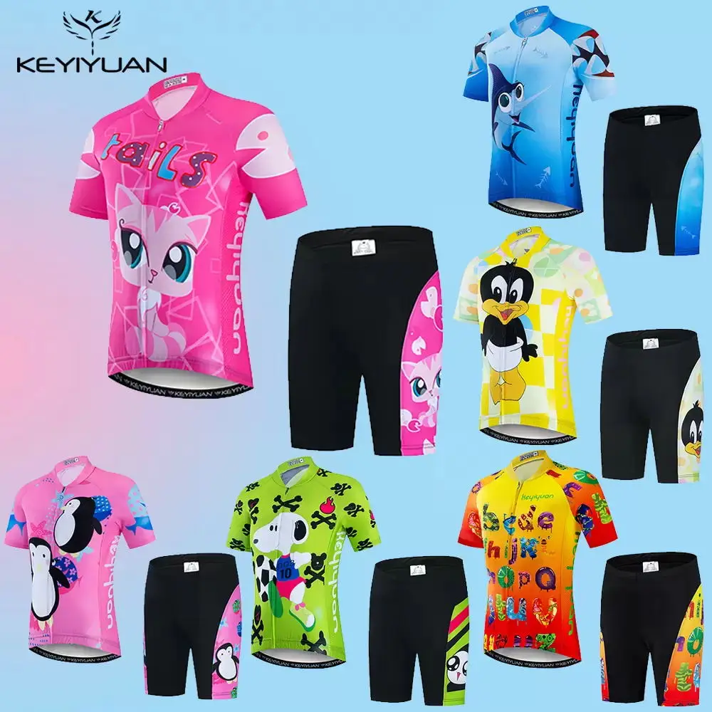 

KEYIYUAN Bicycles Pro Cycling Team Triathlon Suit Cartoon Pink Cat Kids Short Sleeve Suit Maillot Ciclismo Hombre Camisa De Time