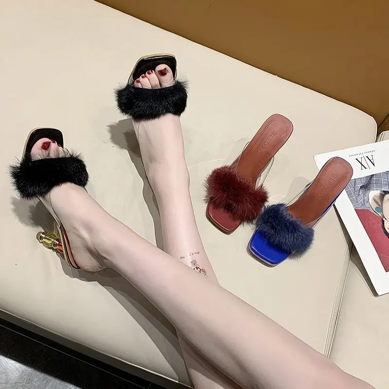 

2022 Summer Woman Pumps PVC Transparent Feather Perspex Crystal High Heels Fur Peep Toe Mules Slippers Ladies Slides Shoes Women