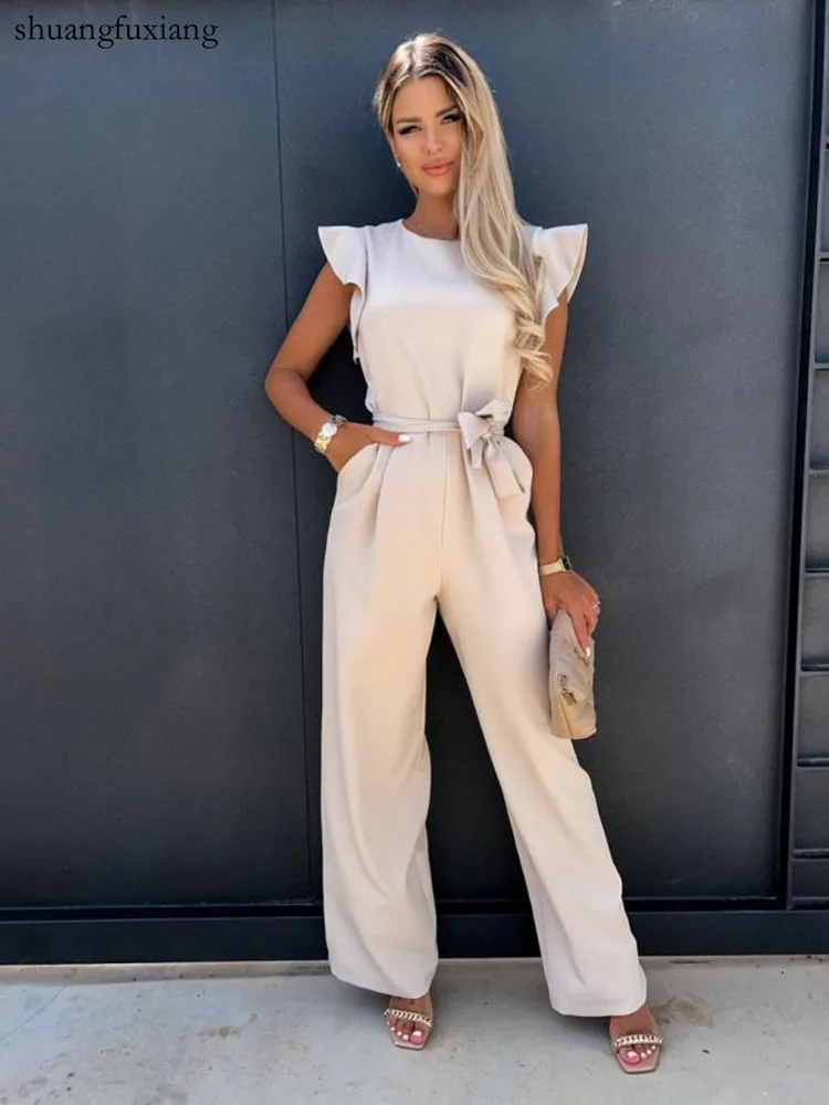 Women's Jumpsuits Summer Casual Ruffles Belt Office Lady Wide Leg Playsuit Overalls For Women Elegant Pure Color Jumpsuit Women 