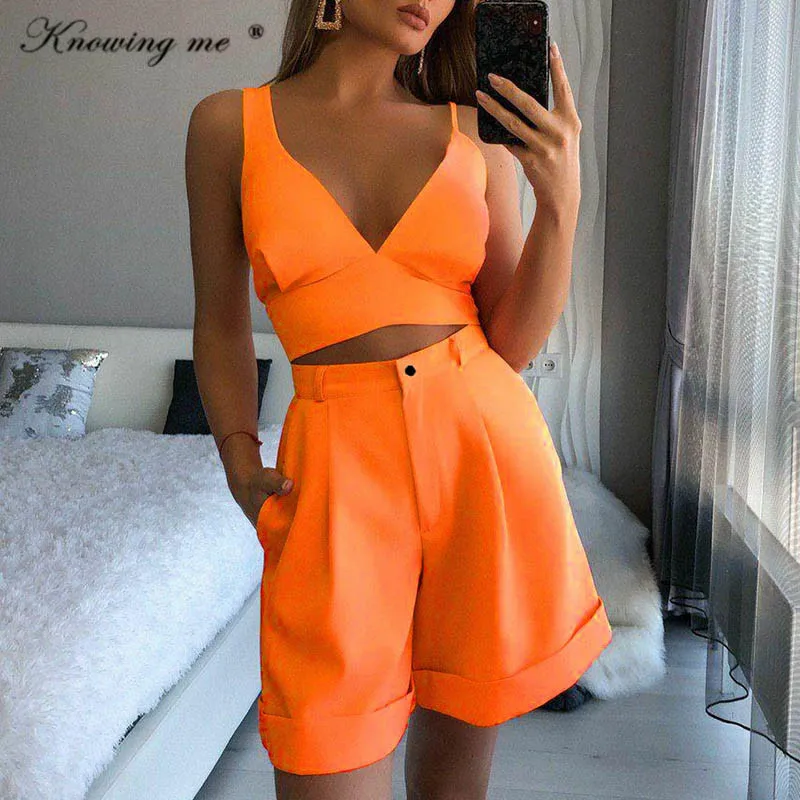 

Women Shorts Suits Summer Office Lady Strap 2Pieces Set Tank Crop Top+High Waist Button Shorts Female solid color Outfits set
