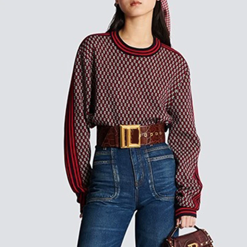 

2023 Early Autumn Women Wool Sweater Contrast Color Letter Long Sleeve O-neck Pullover Casual Loose Soft Fashion Designer Tops