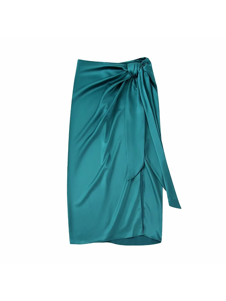 

Women's Fall 2022 New Casual Chic Knotted Silk Satin Textured Midi Skirt Retro Back Zip Slim Fit Solid Skirt
