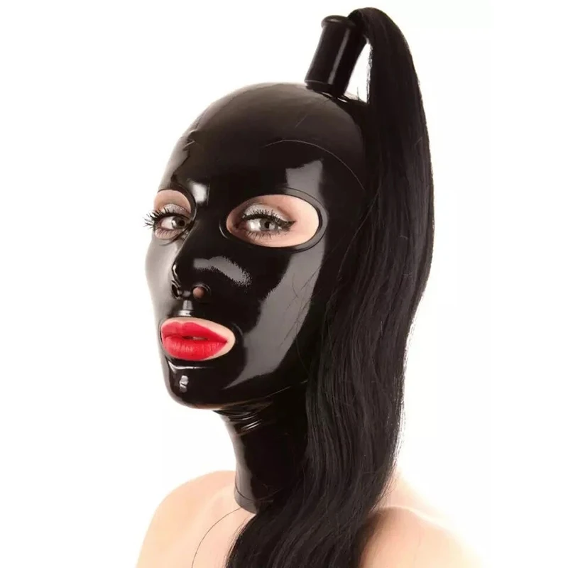 

Handmade Gummi 0.4mm Black Latex Rubber Mask Hood with Black Hair Pigtail Fetish for Party Latex Bodysuits
