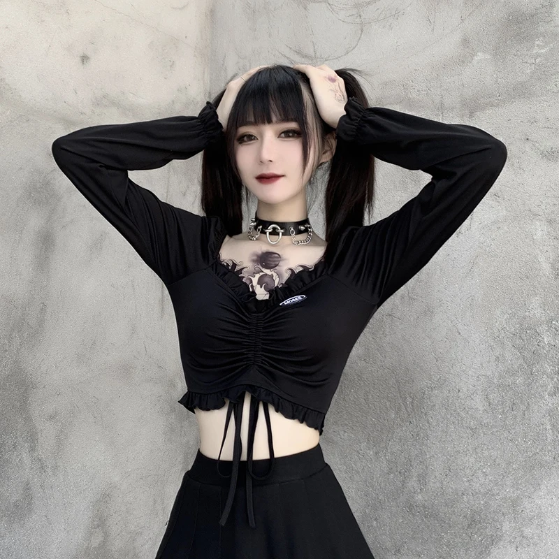 

Женский облегающий Топ с длинным рукавом, готический черный топ с V-образным вырезом, облегающий топ в стиле панк, осень