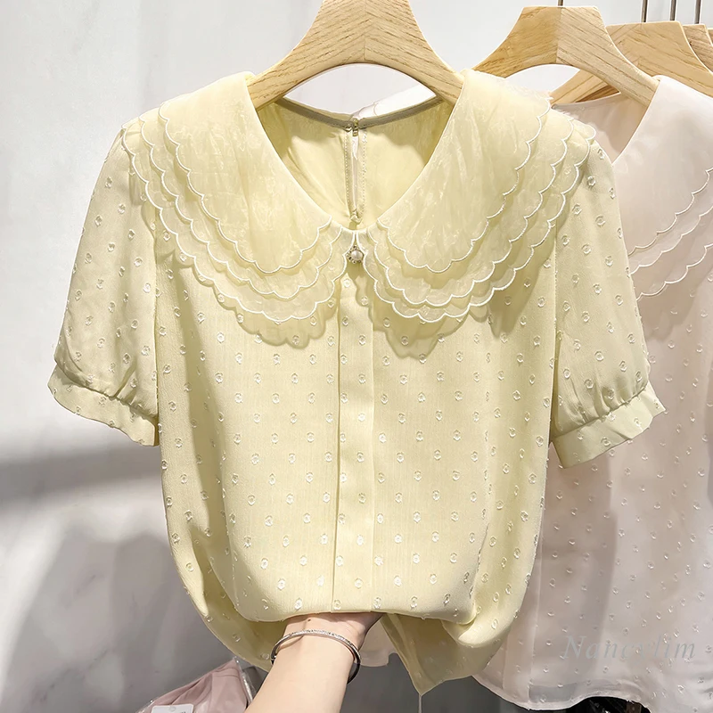 

2022 Summer New Temperament Three-Layer Lapel Polka Dot Pullover Short Sleeve Chiffon Shirt Women's Thin Top Pink Blouses Loose