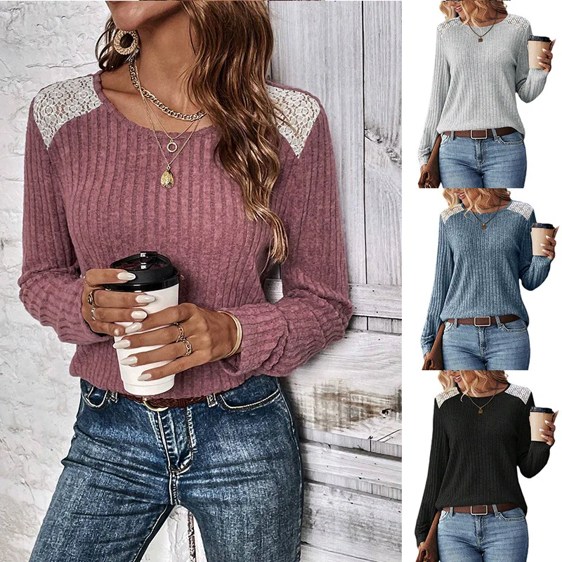 

2023 Womens New T-shirt for Women Autumn and Winter Round Neck Women Tshirt Pit Sanding Stitching Lace Long-sleeved Tops