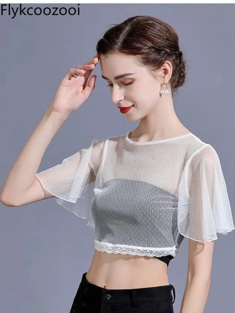 Женская ультратонкая короткая блузка кружевная роскошная винтажная с круглым