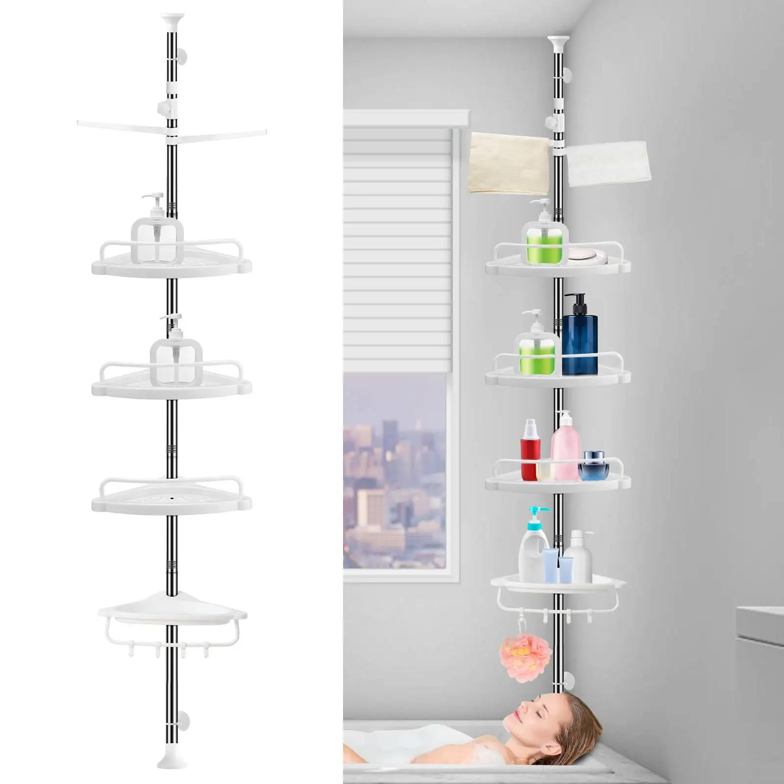 Organizer Home Rustproof Pole Corner Adjustable Shower Racks Tier Height Shower Tension Shelf Caddy 8-10ft Bathroom 4 Caddy