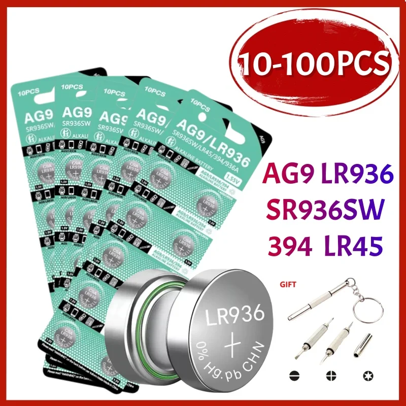 Фото 10-100 шт. AG9 LR936 394 SR936SW CX194 LR45 1,55 В кнопочные батарейки G9A 194 394A SR936 L936F Cell Coin Watch Toys Дистанционная батарея №1