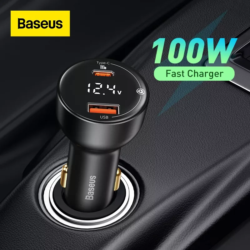 

NEW2023 Baseus 100W Car Charger Dual Port USB Type C Quick Charger Digital PPS QC PD 3.0 Laptop Phone Charger For iPhone 13 12 X