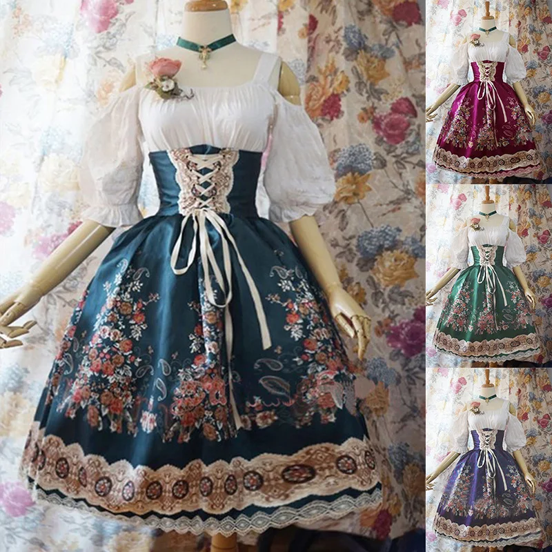 

Lolita Girl Strapless Sexy Dress Suit Loli Skirt Cosplay Costume Medieval Court Satin Floral Skirt Woman Carnival Party Costumes