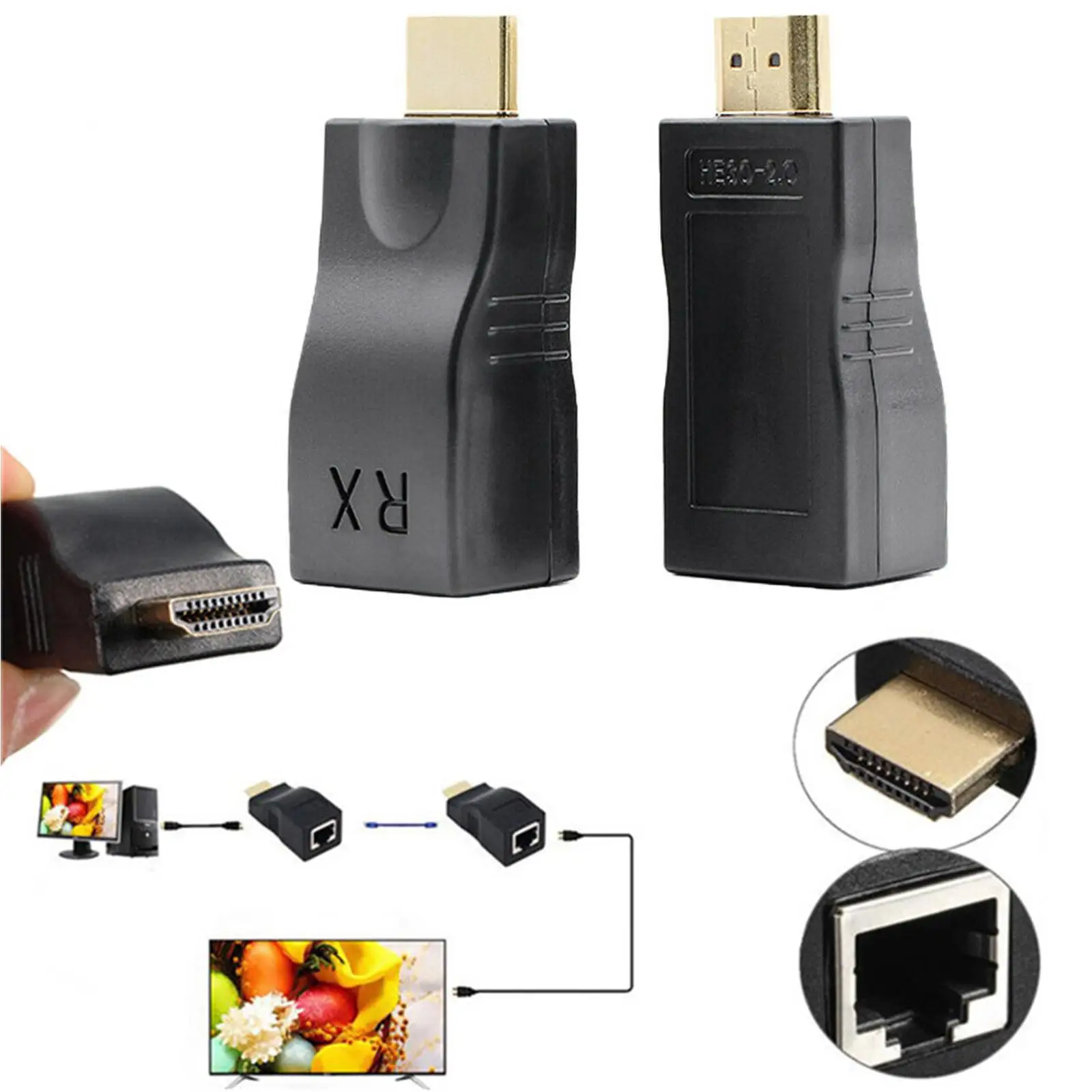 Фото Комплект из 2-х HDMI-RJ45 адаптеров для передачи данных по Ethernet, 30 м, без потерь, однокабельный удлинитель HDMI-RJ45 Cat5e/6, конвертер HDMI в RJ45 для HDTV STB №3