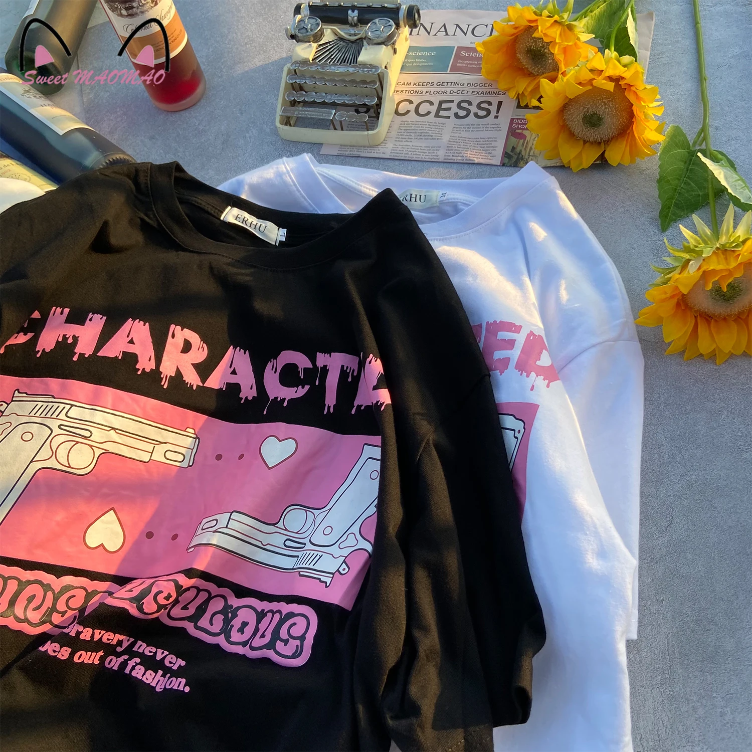 

Y2K Hip Hop Sweet Punk T-shirt Women Pink Gun Print Tshirt Japanese Harajuku Shirt Loose Short-sleeved Tee Oversized T Shirts