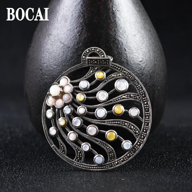 BOCAI Real S999 Pure Silver Jewelry Vintage Thai Inlaid Color Shells Fashion Hollow Out Women's Pendant Gift for Mom