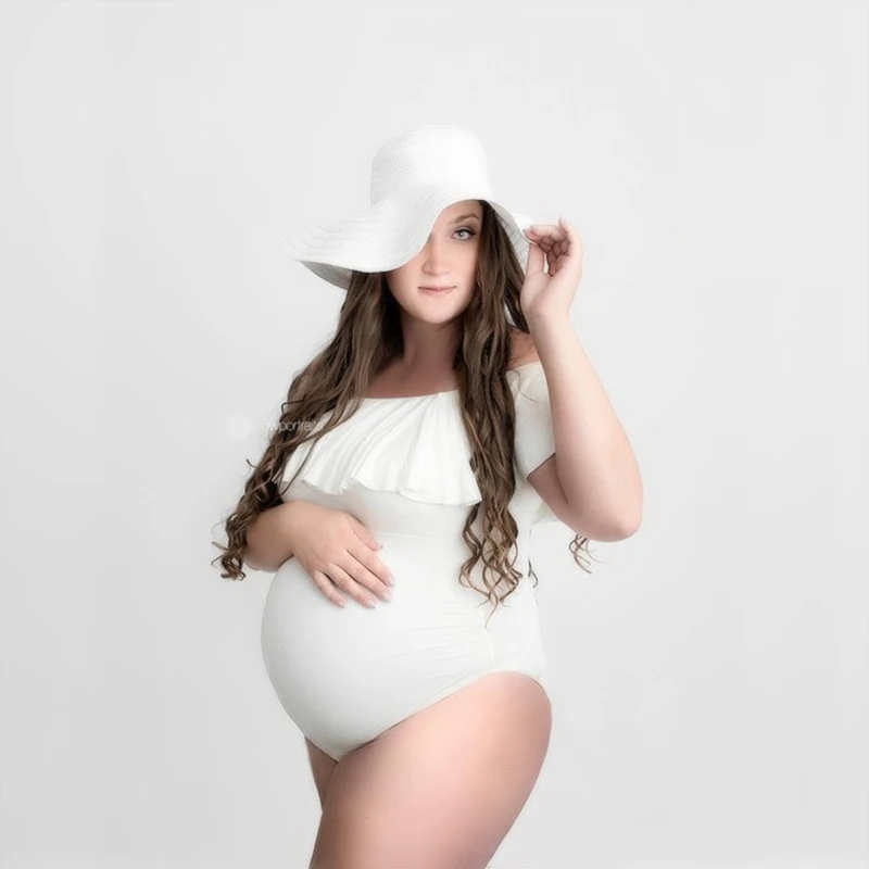 Summer Stretchy Maternity Bodysuits Slash Neck Ruffles Pregnant Women JumpsuitsBlack White Grey and Floral Printing Photo Shoot