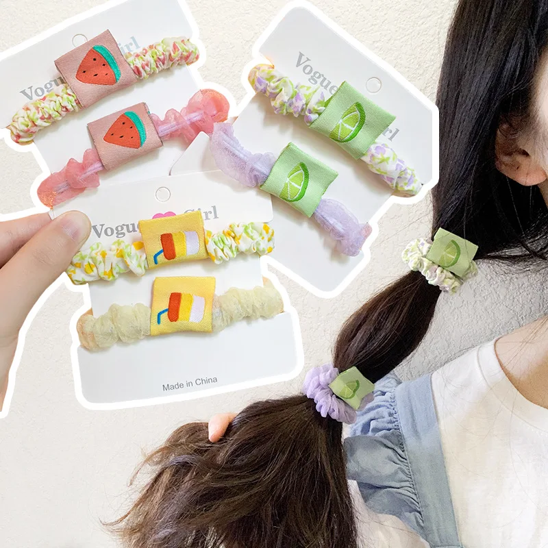

Korean Lovely Girls Cloth Art Floral Drape Hair Rope 2Pcs/Set For Women Girls Fruit Label Candy Color Hair Rope Hair Accessories