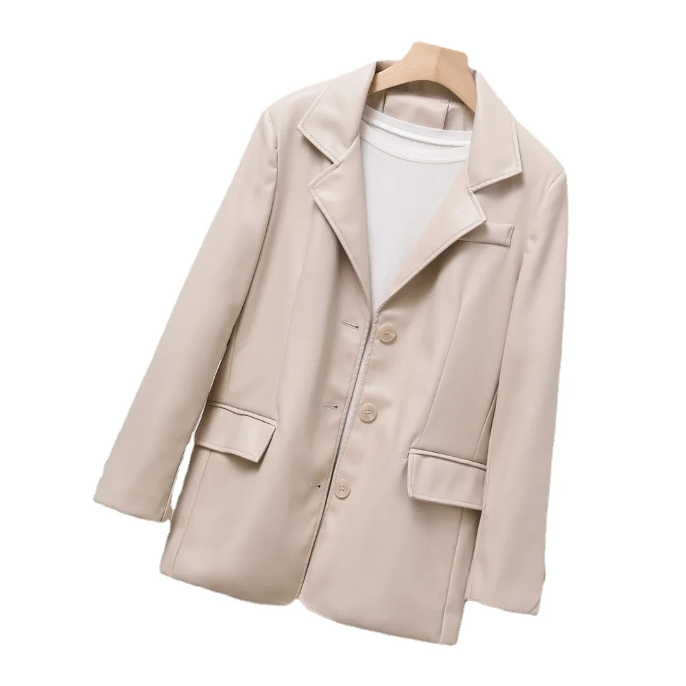 2023 Spring and autumn new design sense leather clothes casual retro chic slimming women's mid-length suit jacket