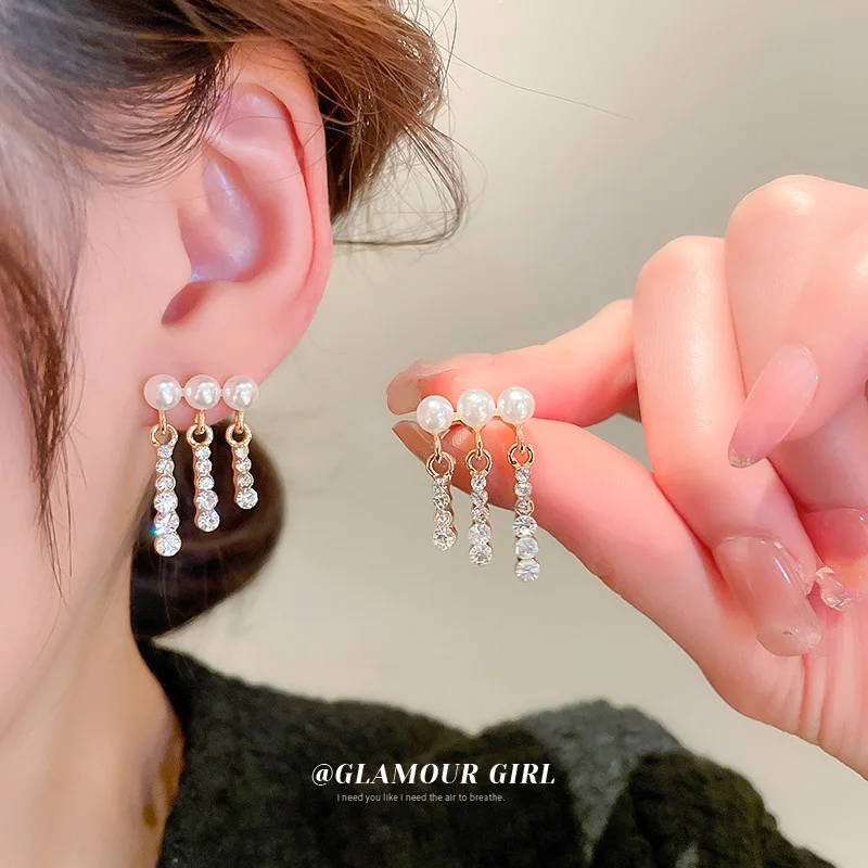 

French Simple Crystal Pearl Layers Drop Earrings for Women Girls 2023 Trendy Temperament Causal Earrings Lady Sweet Jewelry Gift