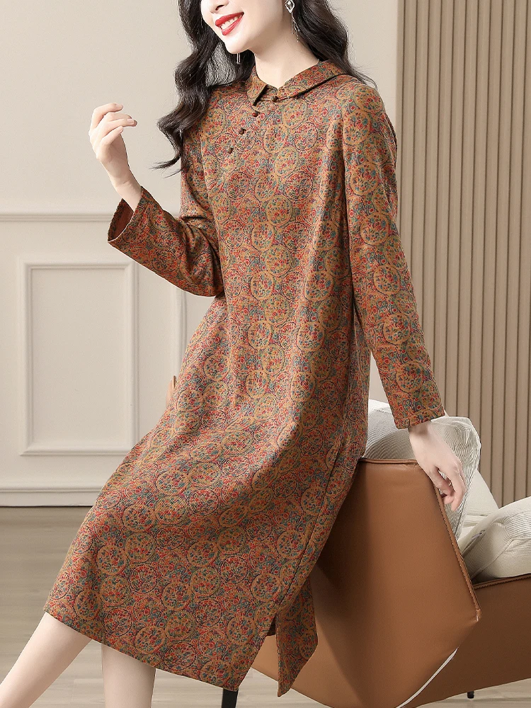 Middle-Aged Mom Temperament Dress Women 2024 Fashion New Autumn clothes Small Lapel Print Retro Sense Midi dress