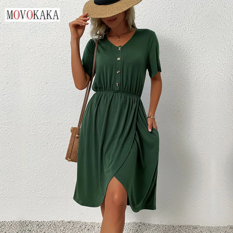 

MOVOKAKA Summer Women Office Lady Elegant Folds Dress Green Party Casual V Neck Button Short Sleeve Vestidos Slim Midi Dresses