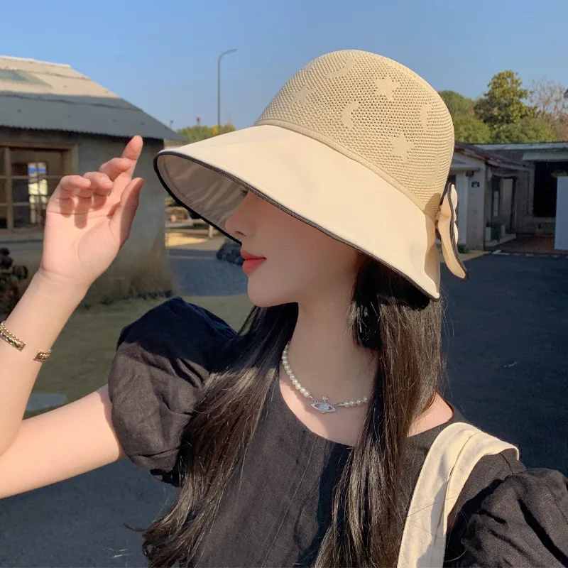 

2023 Korean Hat Female Online Influencer Bow Fisherman Hat Summer Sun Hat Mesh Breathable Sun Hat New