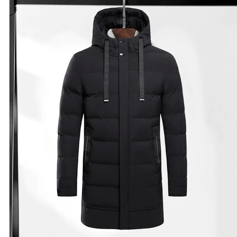 Autumn Winter Men Jacket Cotton Padded Hooded Long Sleeve Drawstring Mid-length Windbreaker for Daily Wear