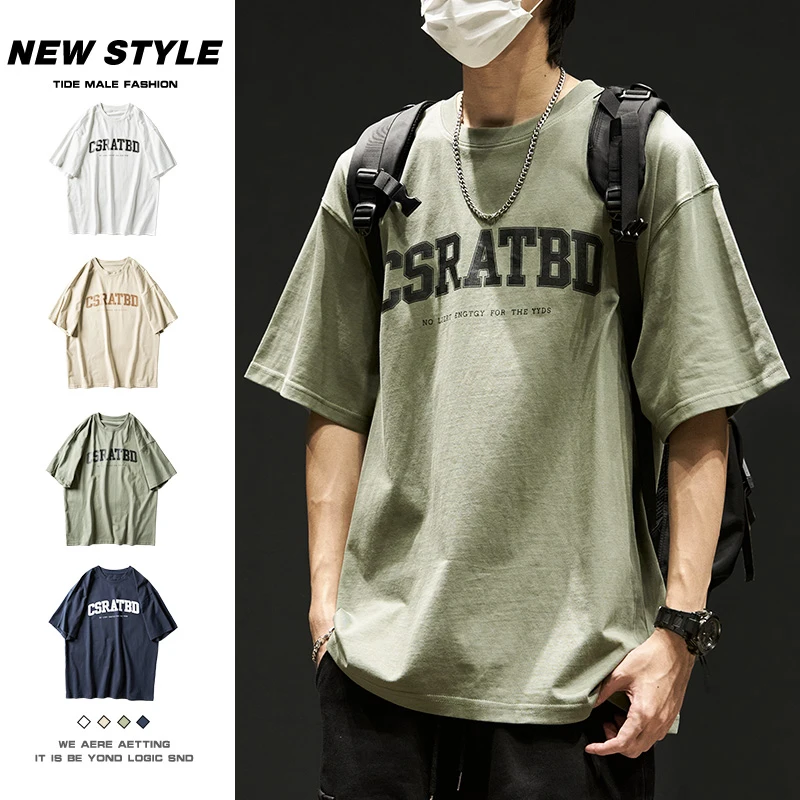 Heavy Cotton Short sleeve T-shirt Men's Summer Thin Japan fashion Fashion Brand Loose American High Street Letters Print Half...