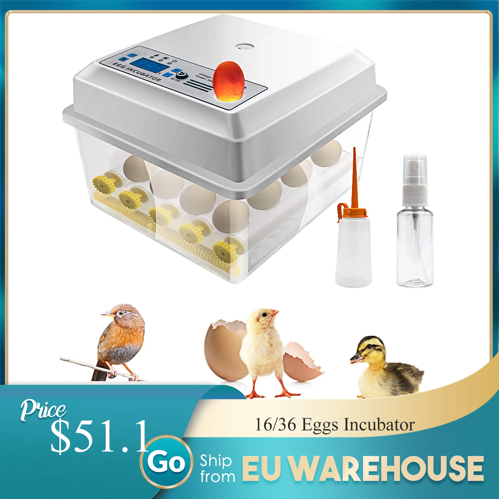 

EU Stock 16/36 Eggs Incubator Brooder Bird Quail Chick Hatchery Incubator Poultry Hatcher Turner Automatic Farm Incubation Tools