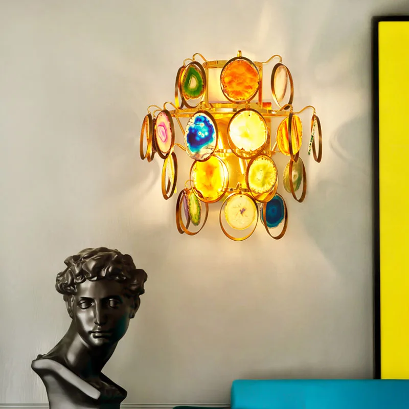 Agate LED Wall Lamp Home Decorate Sconces Bedside Living Room Colorful Wall Lights Gold Metal Surface Mount E14 G4 Bulb