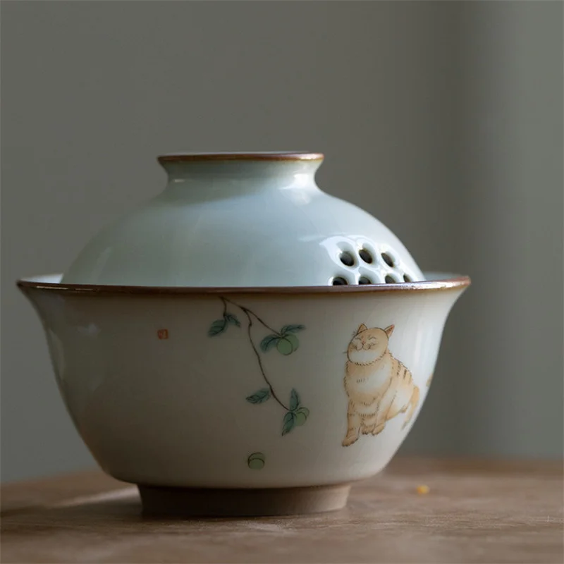 

Керамическая глазурованная чашка с треснувшим льдом кунг-фу Gaiwan, белая фарфоровая чашка, ручная роспись, чайник с мультяшным котом, китайск...