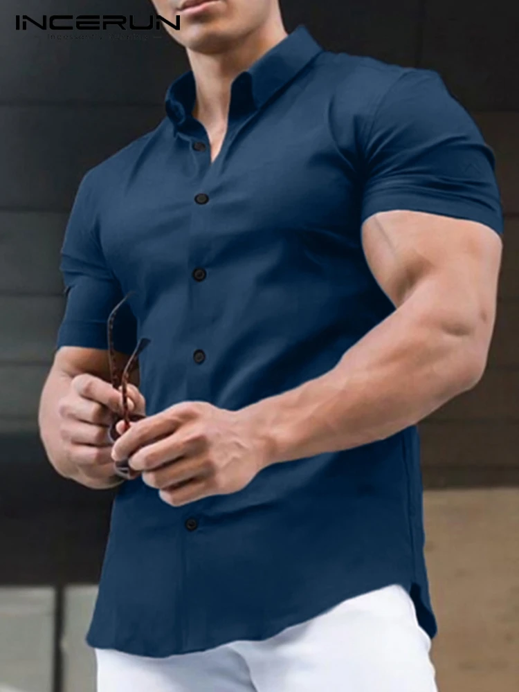 

INCERUN Solid Color Men Shirt Brand Lapel Short Sleeve Button Summer 2022 Casual Men Clothing Streetwear Camisa Masculina S-5XL