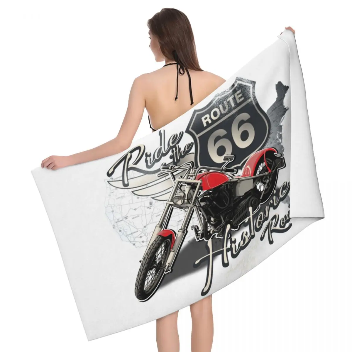 

US 66 Biker Beach Towel Quick Dry Route 66 America Highway Motorcycle Super Soft Microfiber Pool Sauna Towels