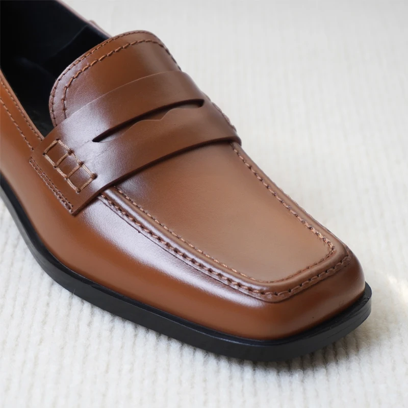 Elmsk Fashion Square Toe Genuine Leather Shoes Loafers Women Retro Solid Slip-On Flat Shoes