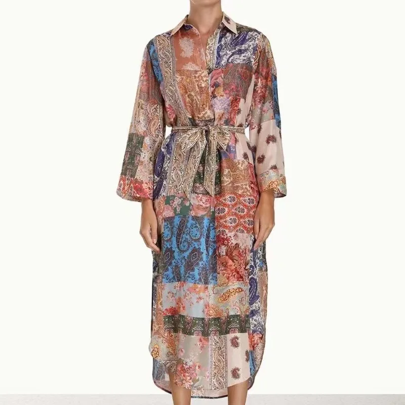 

2023 New Arrivals Floral Paisley Printing Asymmertrical Self Tie Bow Belt Turn-down Collar Midi Dress for Lady