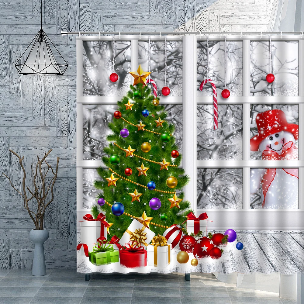 Christmas Shower Curtain Winter Window Snowman Snow Scene Fabric Bathroom Curtain Christmas Tree Xtmas Balls Gifts Bath Decor