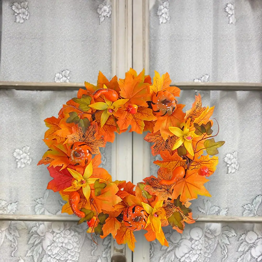 

Artificial Autumn Wreath Harvest Festival Supplies Realistic Maple Pumpkin Wreath Autumn Faux Garland Diy Door Hanging