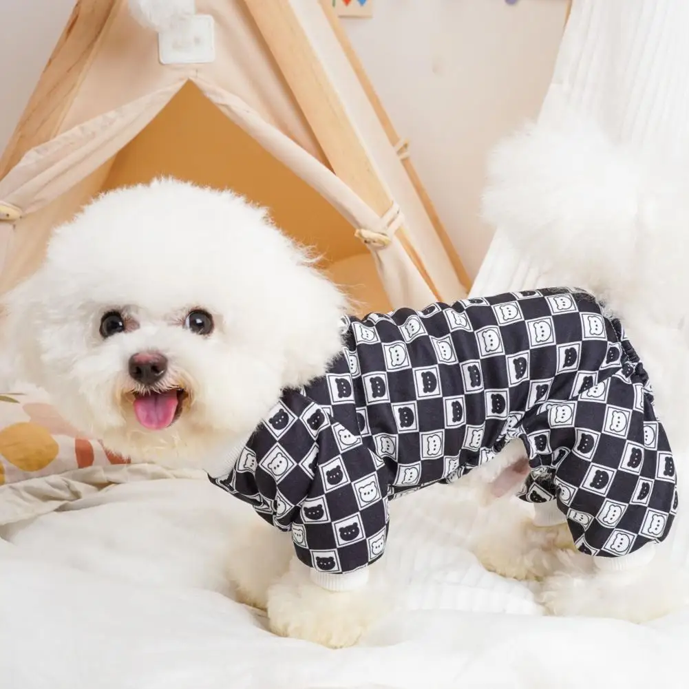 

Pet Jumpsuit Soft Comfortable Adorable Checkerboard Bear Pattern Four-legged Dog Clothes With Traction Ring For Outdoor Walks