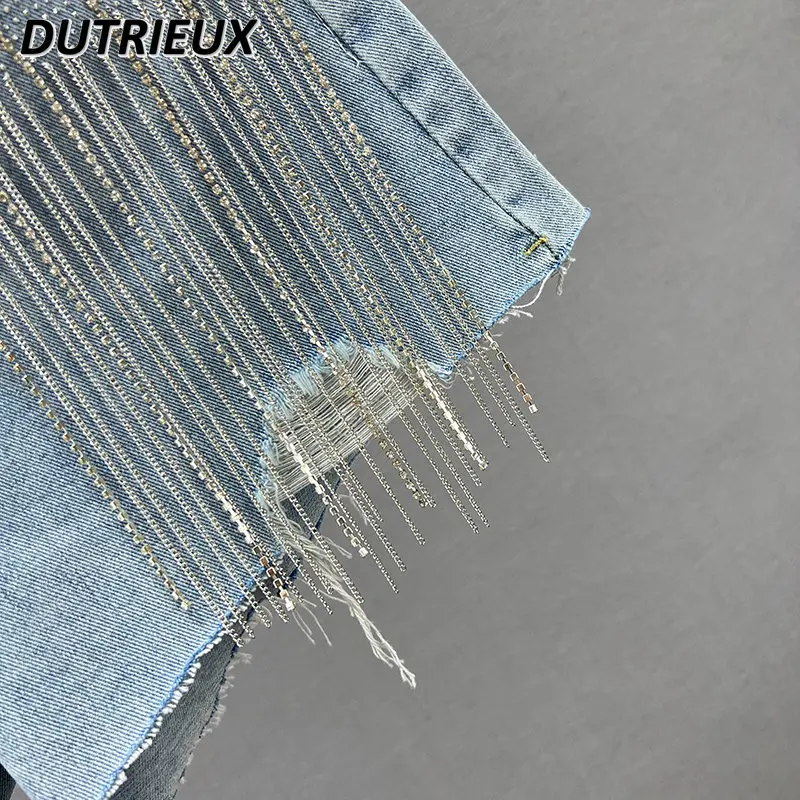 Women's Denim Shorts Fashionable 2023 New High Waist Slimming Diamond-Embedded Ripped Shorts Wide Leg Pants Fashion Hot Pants