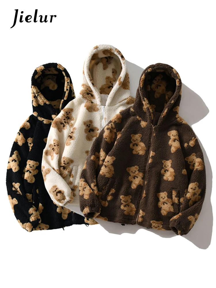 

Jielur Cartoon Bear Fleece Hooded Jackets Women Casual Hoodie Female Zip Up Sweatshirt Teddy Coat Warm Hoodies Couple Clothes