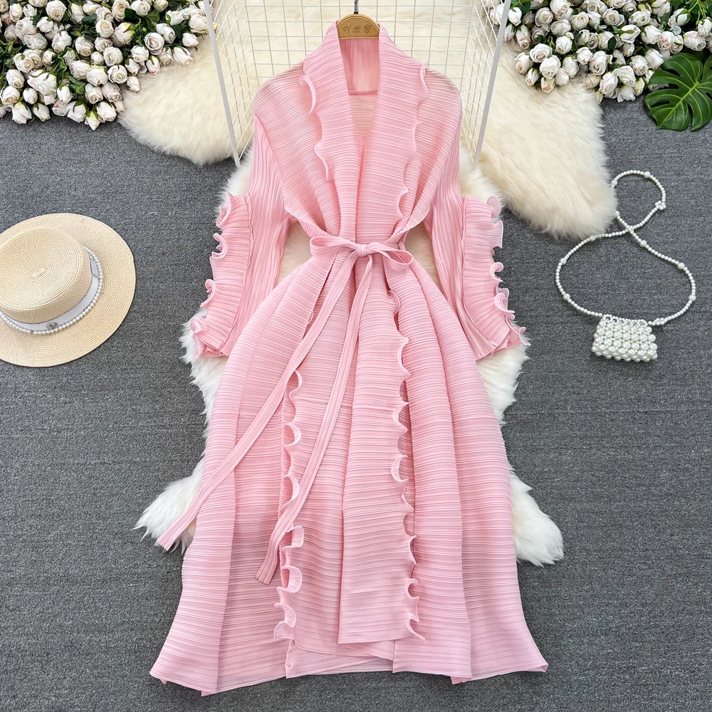 

Vintage Long Luxury Dress for Women Ruched Pleated Folds Ruffle High Street Lace Up Midi Dress Runway Female Traf New In 2023