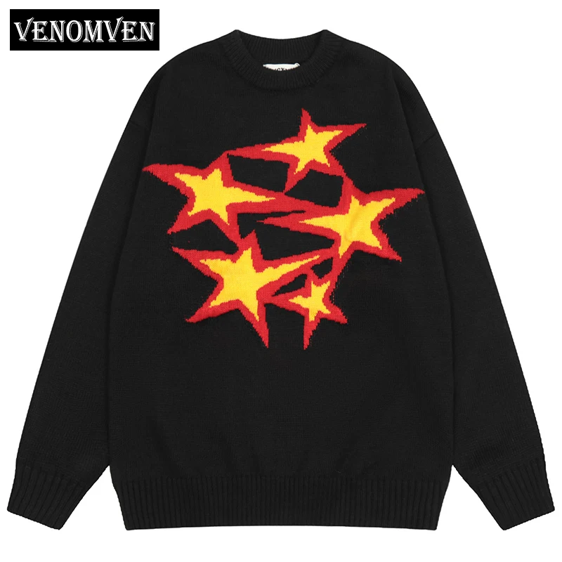 

Винтажный вязаный свитер в стиле Харадзюку С граффити и звездами, мужской зимний джемпер, толстый свитер оверсайз, пуловер, свитер с уродлив...