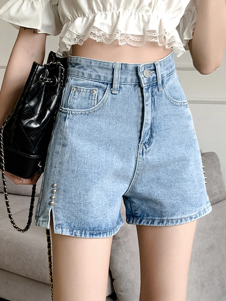 Spring Summer Women High Waist Wide Leg Retro Blue Denim Shorts Streetwear Female Button Rivet Jeans Shorts Bottoms
