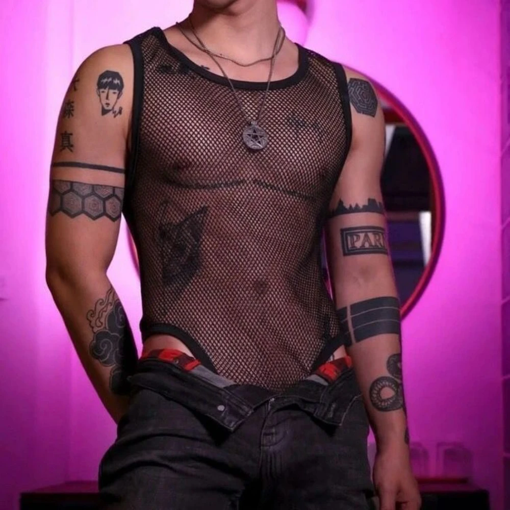 Sexy Breathable Mesh  Mens Lingerie Through Bodysuit Wrestling Singlet Jumpsuit Sleeveless Vest PajamaTemptation Flirting