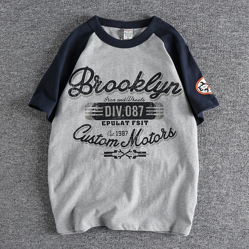 

Retro lettering print short sleeve men's T-shirt summer new product trend contrast color base