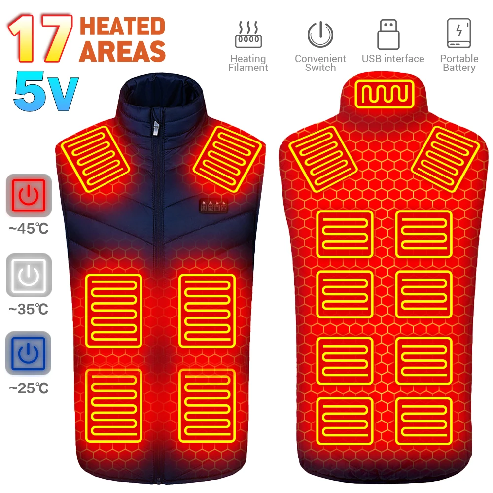

17 Areas Winter Heated Vest Warm Vest Clothes USB Powered Hunting Ski Heating Jacket Warm Anti-freeze Hunting Clothing