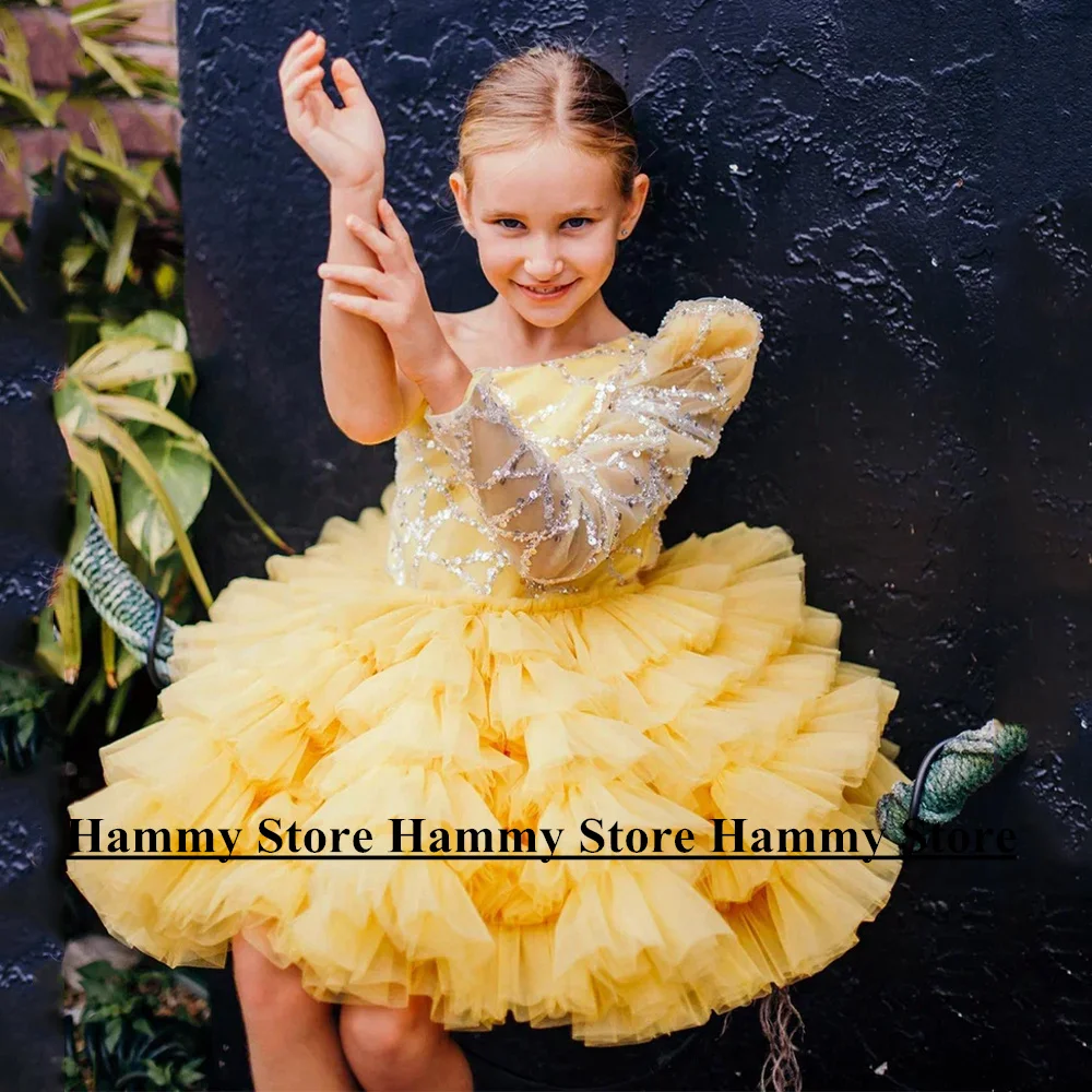 

Yipeisha, желтые платья на день рождения для детей, на одно плечо, с длинными рукавами, с блестками и оборками, Тюлевое свадебное платье с цветочным принтом для девочек