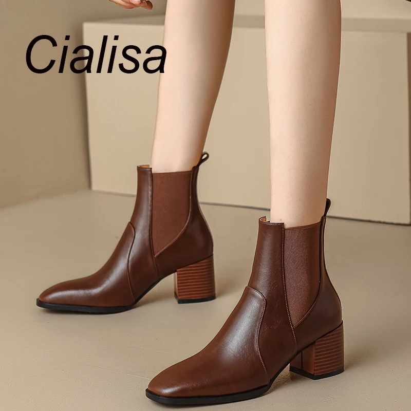 

Cialisa Square Toe Shoes Women Ankle Boots Genuine Leather Short Boots 2023 Autumn Winter Fashion High Heels Elastic Boots Brown